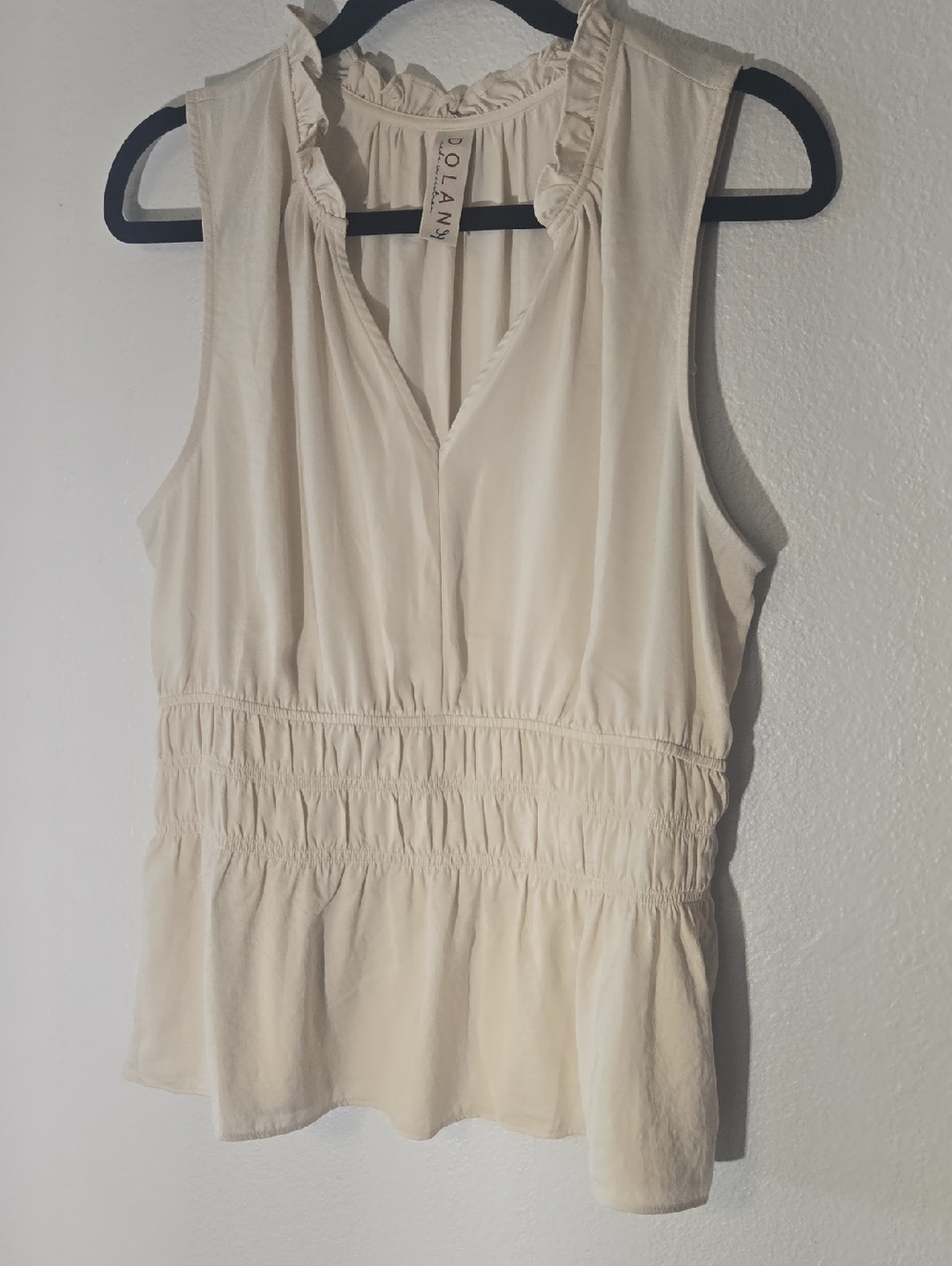 dolan Cream Sleeveless Smocked Waist Ruffle-Neck Tank